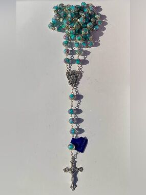 Turquoise Encased Lampwork Crystal Floral Rosary with Bright Pink Roses Inside